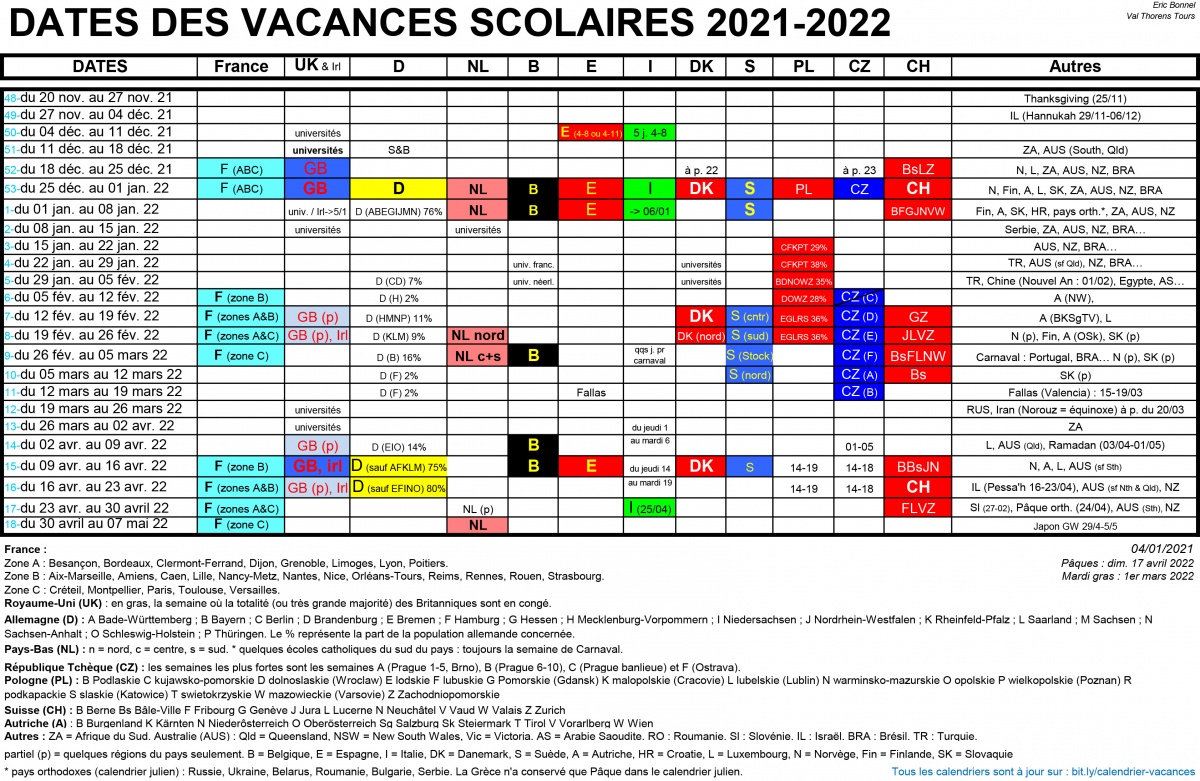 Calendrier des vacances scolaires 2021/2022